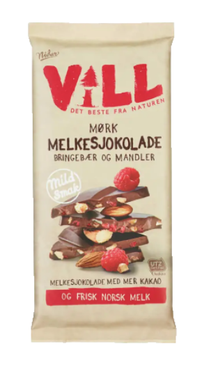 Vill Mørk Melkesjokolade Bringebær/Mandler 100g
