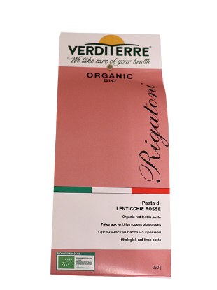 Verditerre Rigatoni Rød Linsepasta 250g Økologisk