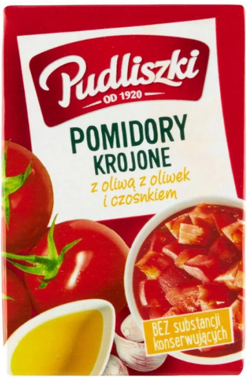 Hakkede Tomater Hvitløk/Olivenolje 390g Pudliszki